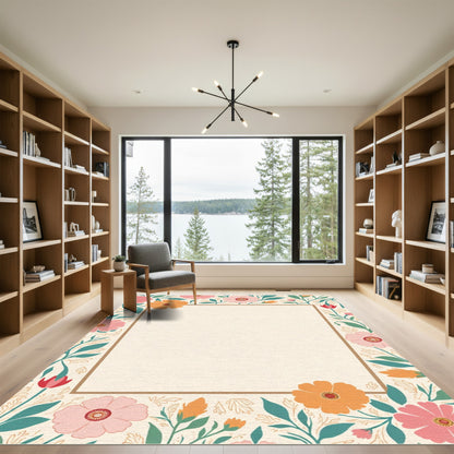 Pastel Floral Border with Golden Accents Rug