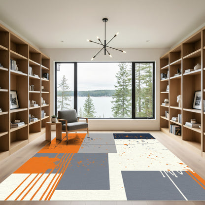 Orange Blue Gray Splatter Geometric Blocks Rug