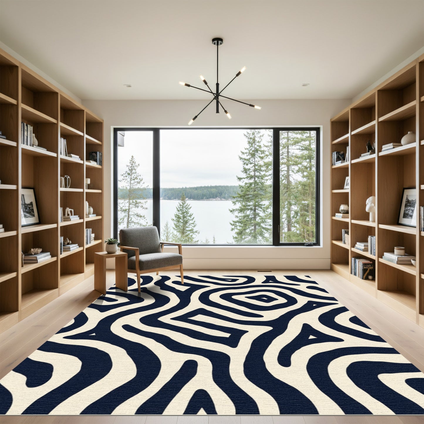 Bold Navy Cream Labyrinth Flow Rug