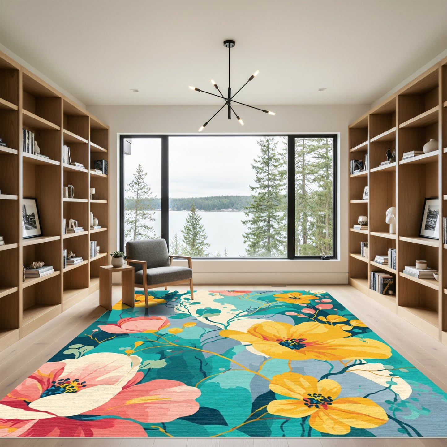 Vibrant Yellow Pink Teal Floral Bloom Rug