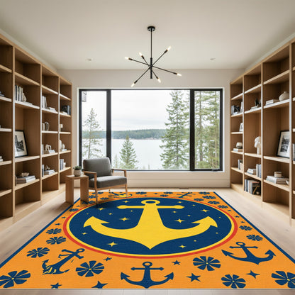 Navy Yellow Anchor Nautical Stars Rug