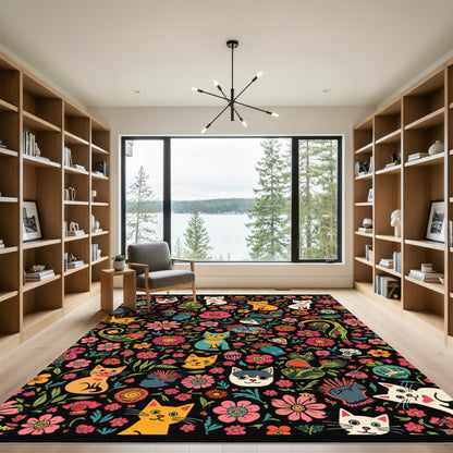 Colorful Whimsical Cat Floral Medley Rug