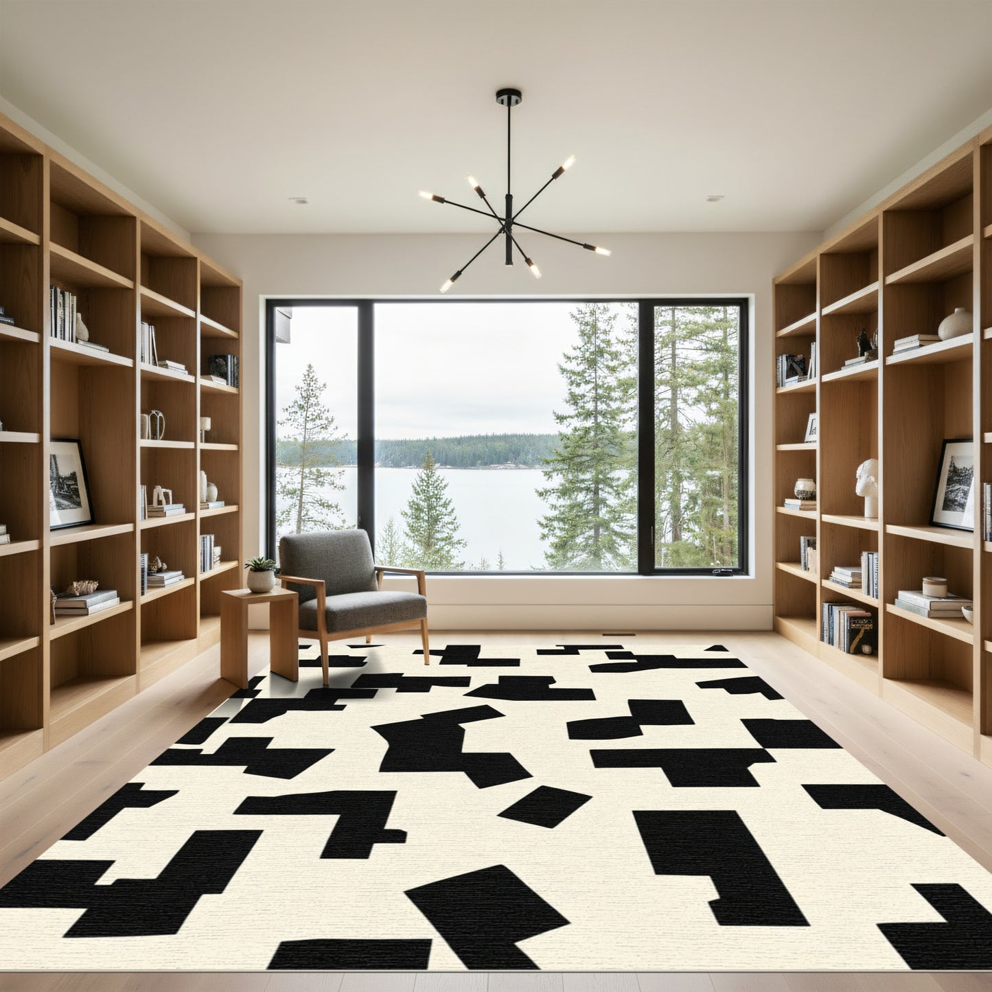 Abstract Black Cream Fragment Composition Rug