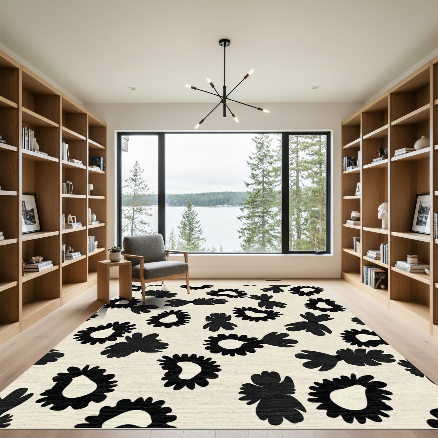 Black Floral Leopard Print Rug