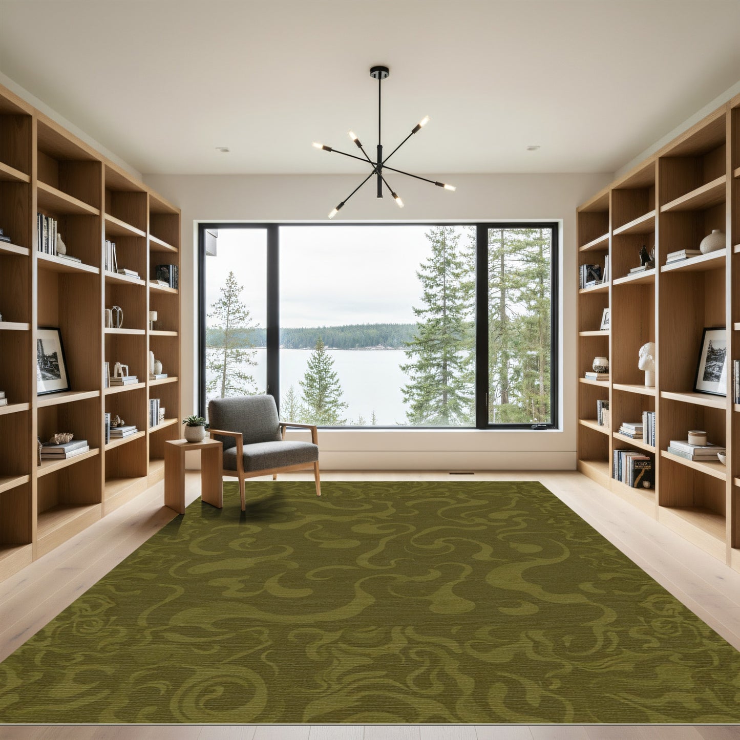 Olive Green Swirling Abstract Border Rug