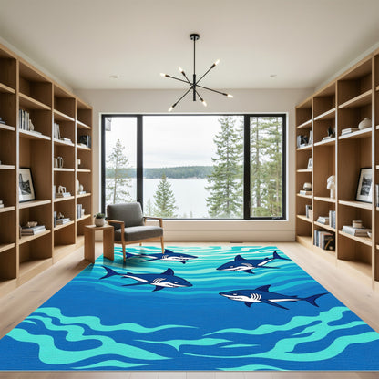 Blue Shark Pod Whimsical Ocean Waves Rug