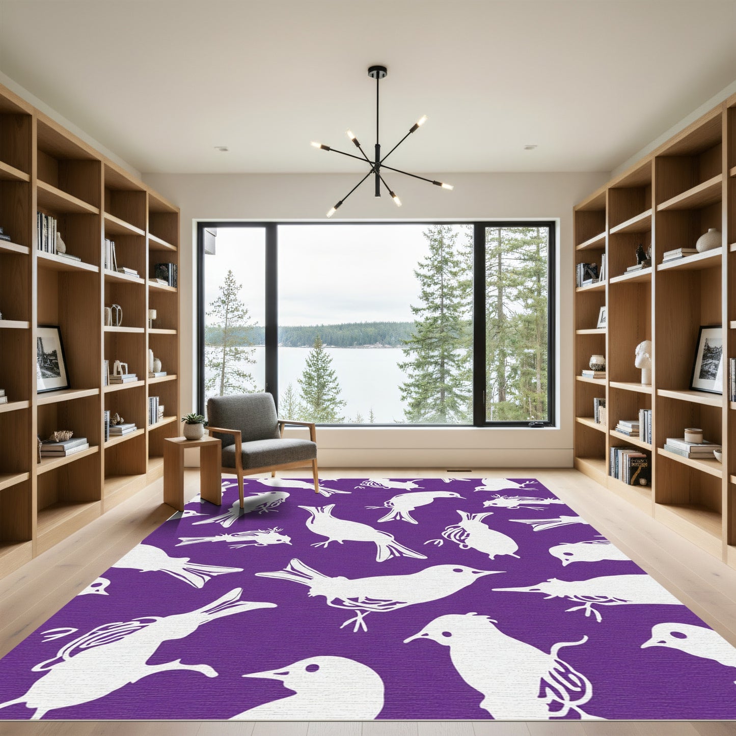 Purple White Bird Flock Composition Rug