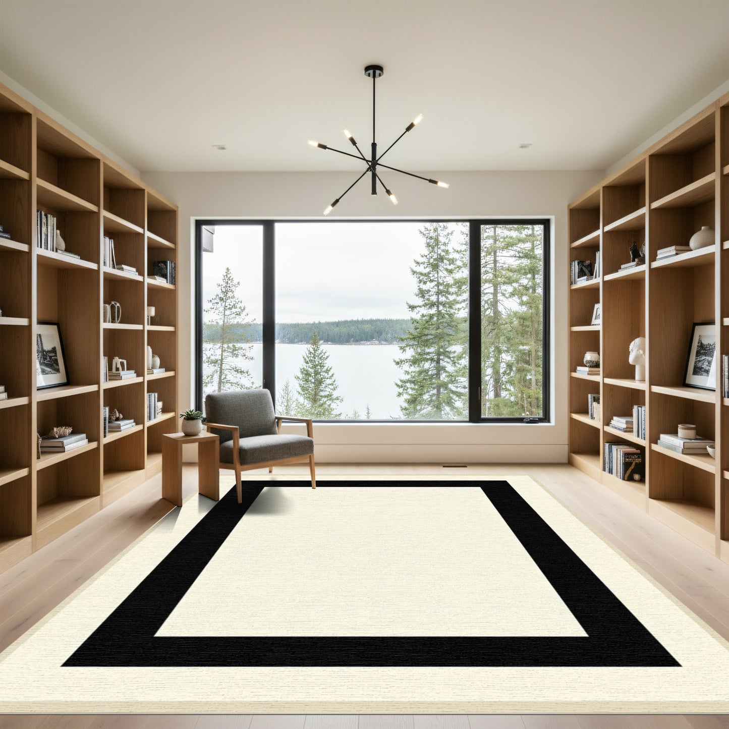 Cream Black Border Geometric Rug