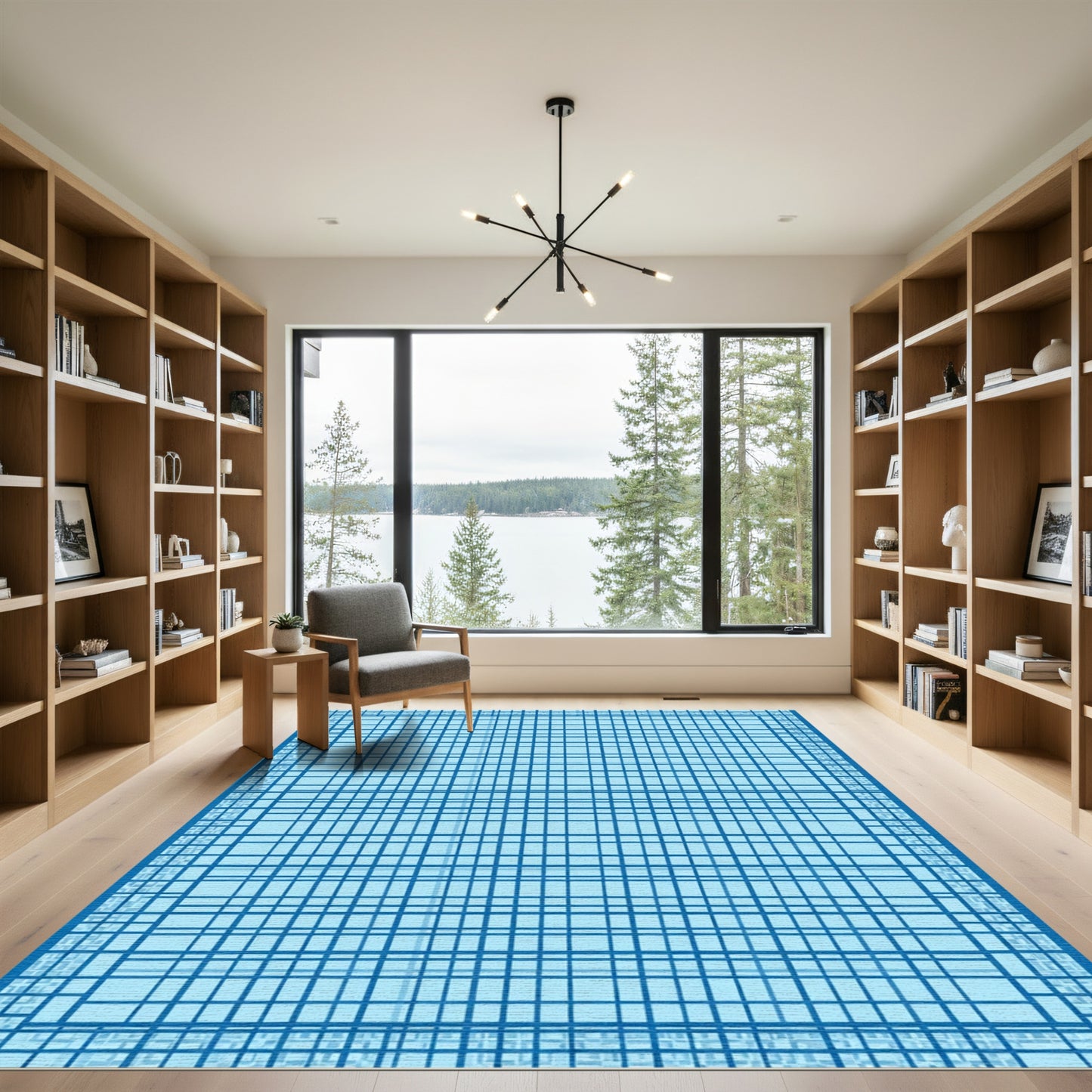 Ocean Blue Grid Lines Rug