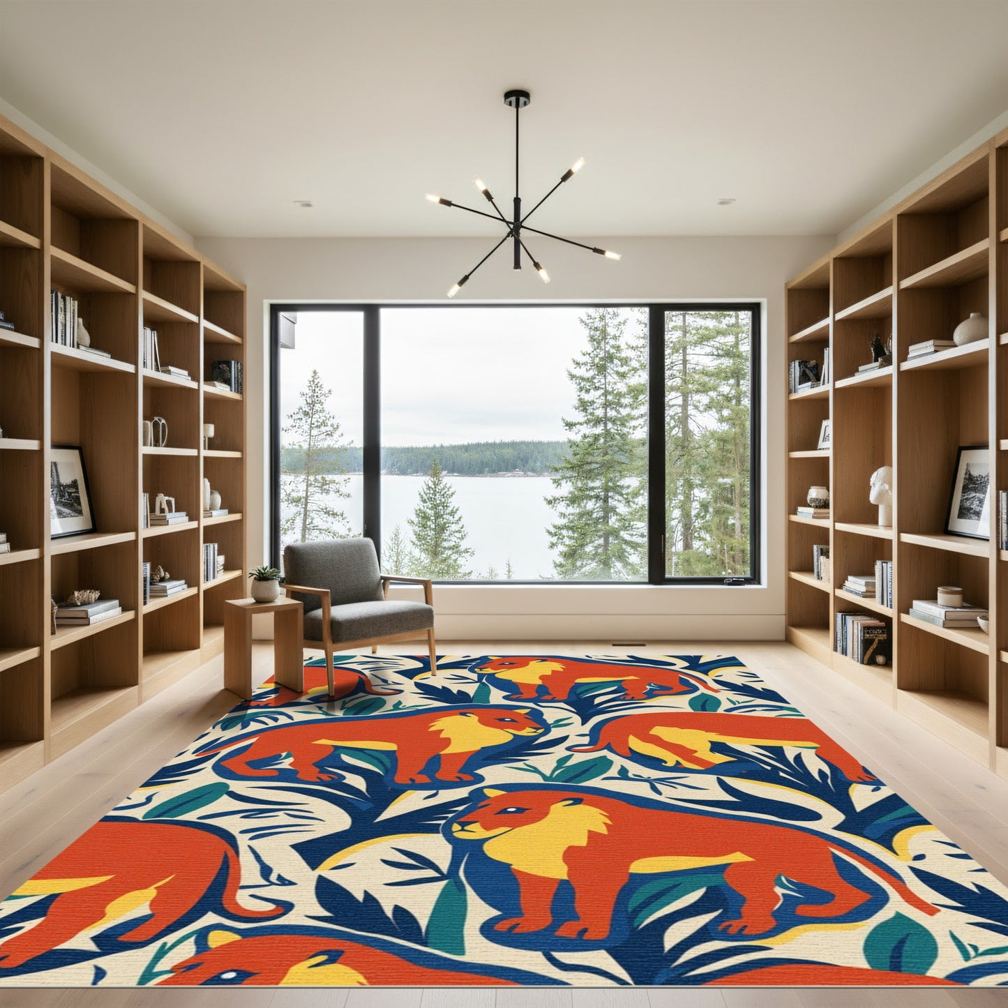 Bold Orange Lion Botanical Jungle Rug