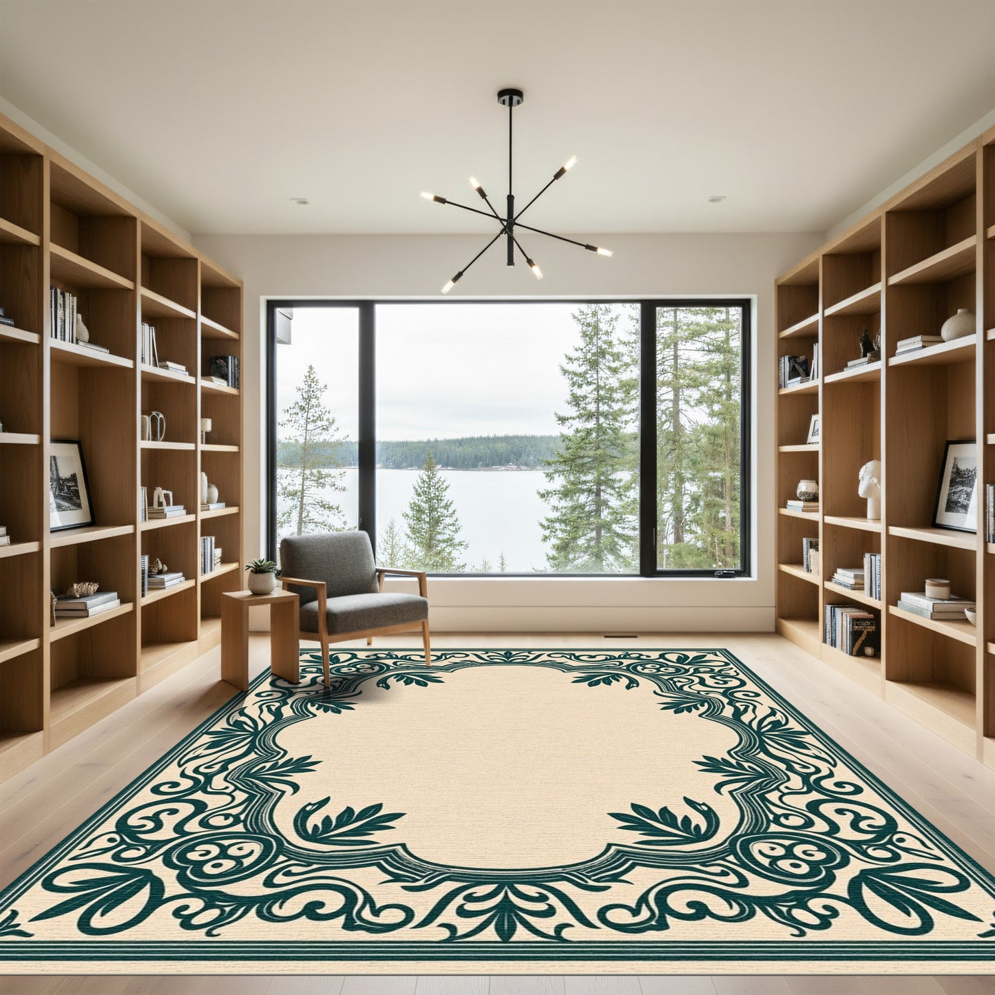 Elegant Emerald Scroll Leaf Border Rug