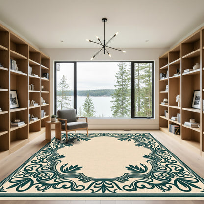 Elegant Emerald Scroll Leaf Border Rug