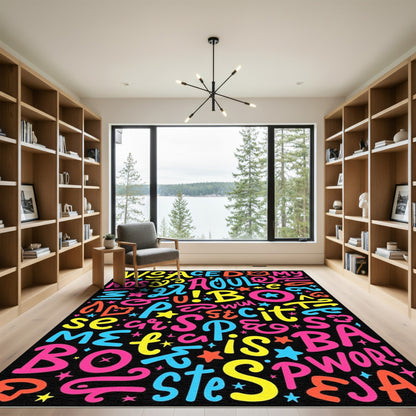 Vibrant Neon Typography Collage Rug