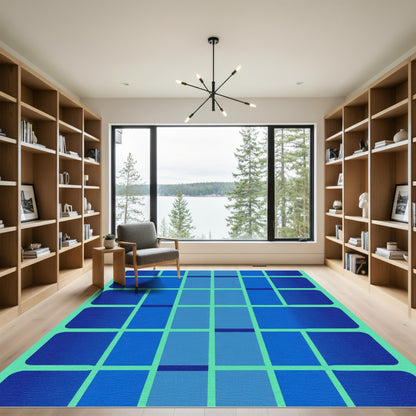 Teal Grid Blue Gradient Rectangles Rug