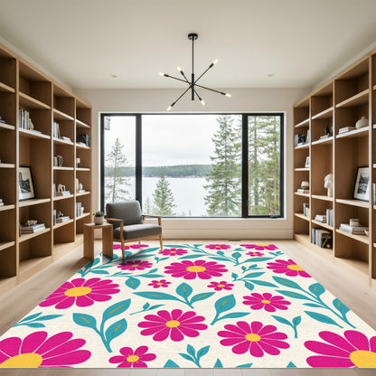 Vibrant Pink Daisy Floral Arrangement Rug