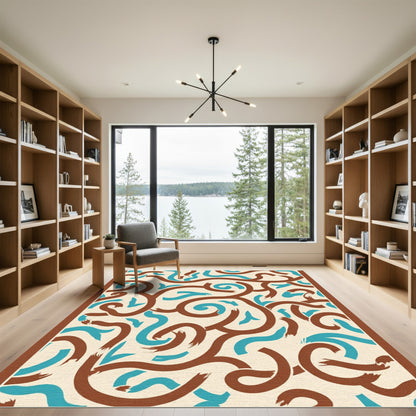 Brown Turquoise Swirls Abstract Ribbon Rug