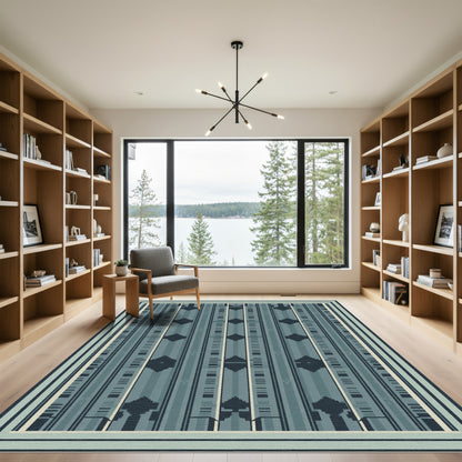 Deep Teal Geometric Stripe Medallion Rug