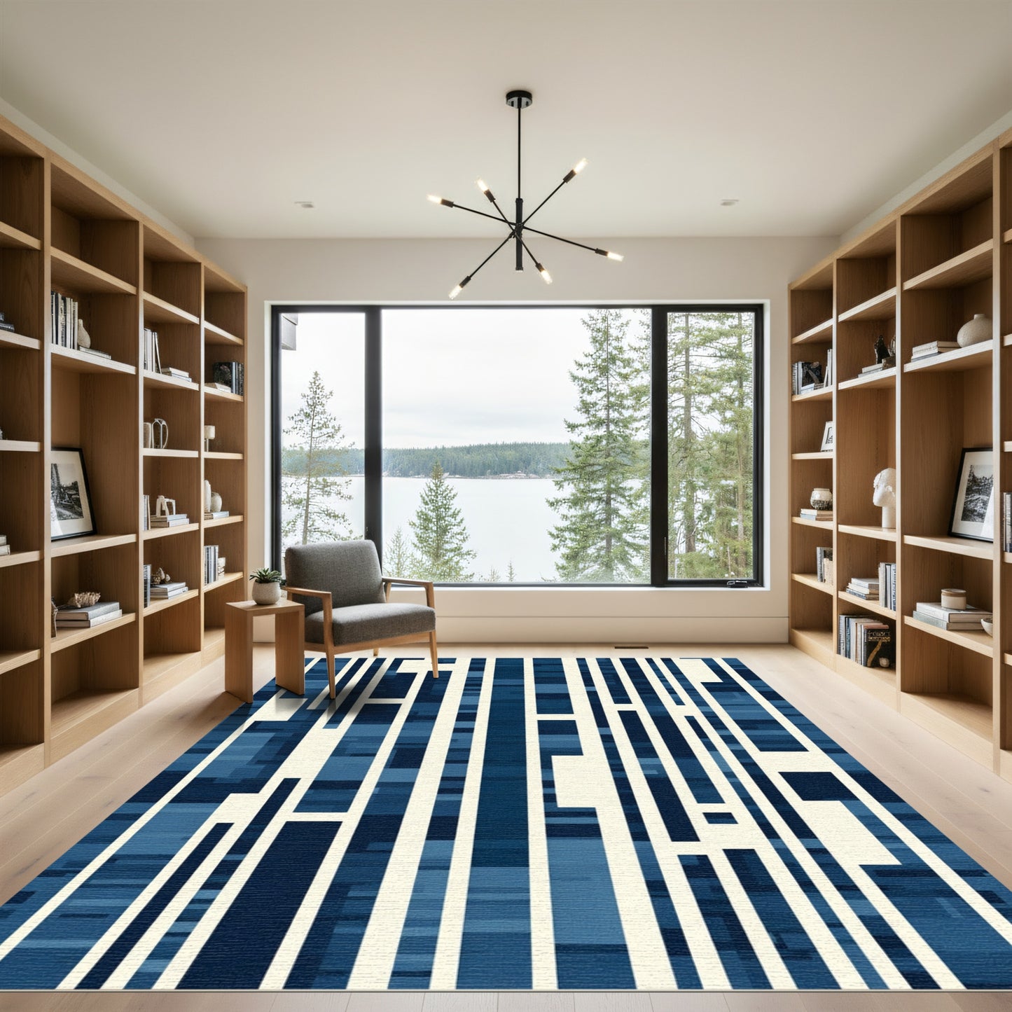 Abstract Navy And Cream Rectangles Rug
