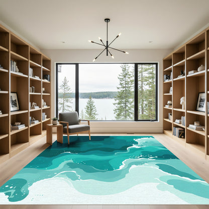 Deep Teal Ocean Wave Splash Rug
