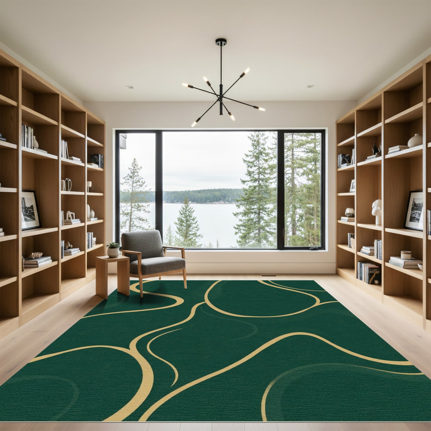 Deep Emerald Golden Swirl Art Rug