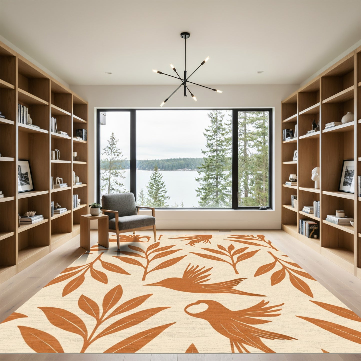 Terracotta Birds Fern Branches Rug