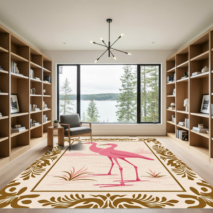 Pink Herons With Ornate Border Rug