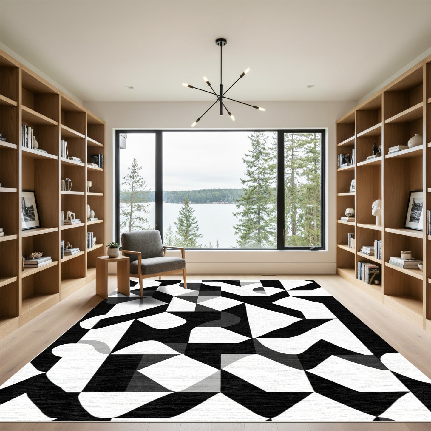 Abstract Black White Geometric Harmony Rug