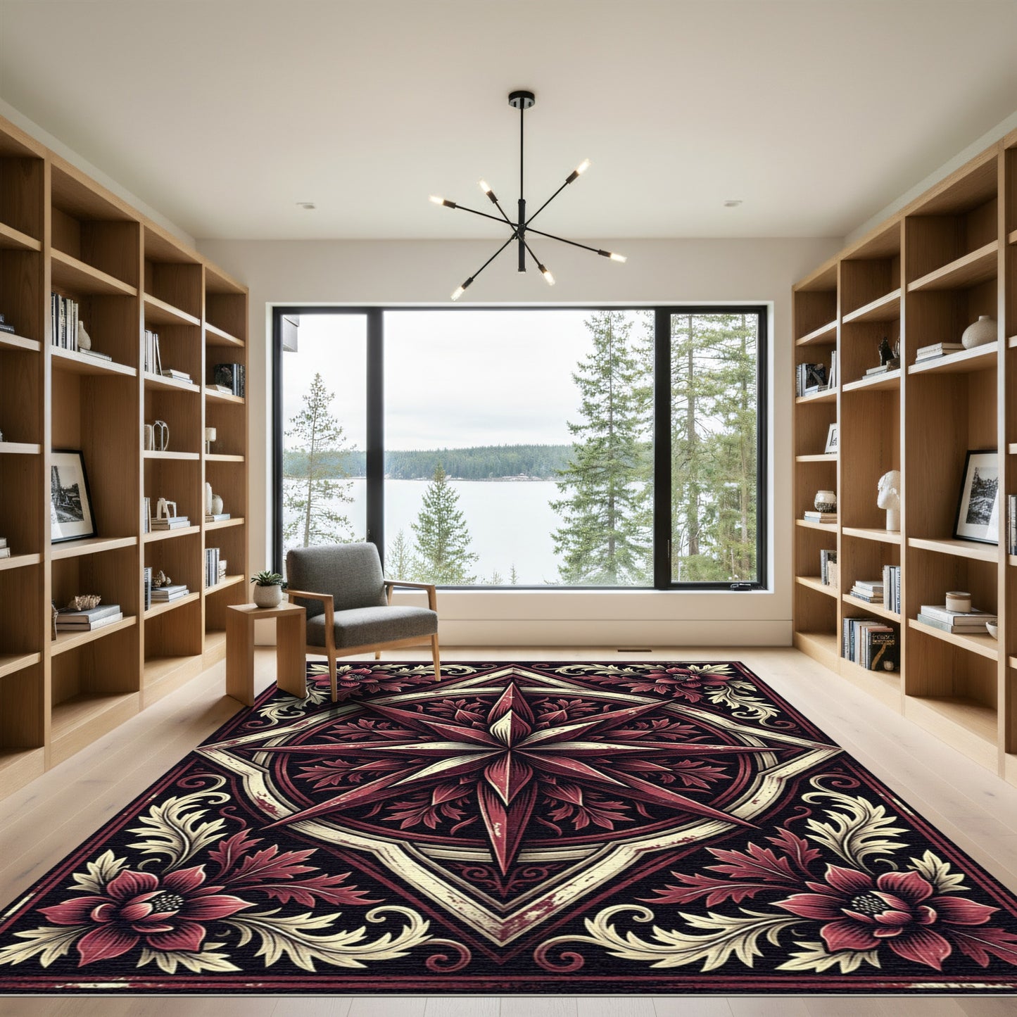 Crimson Star Floral Emblem Rug