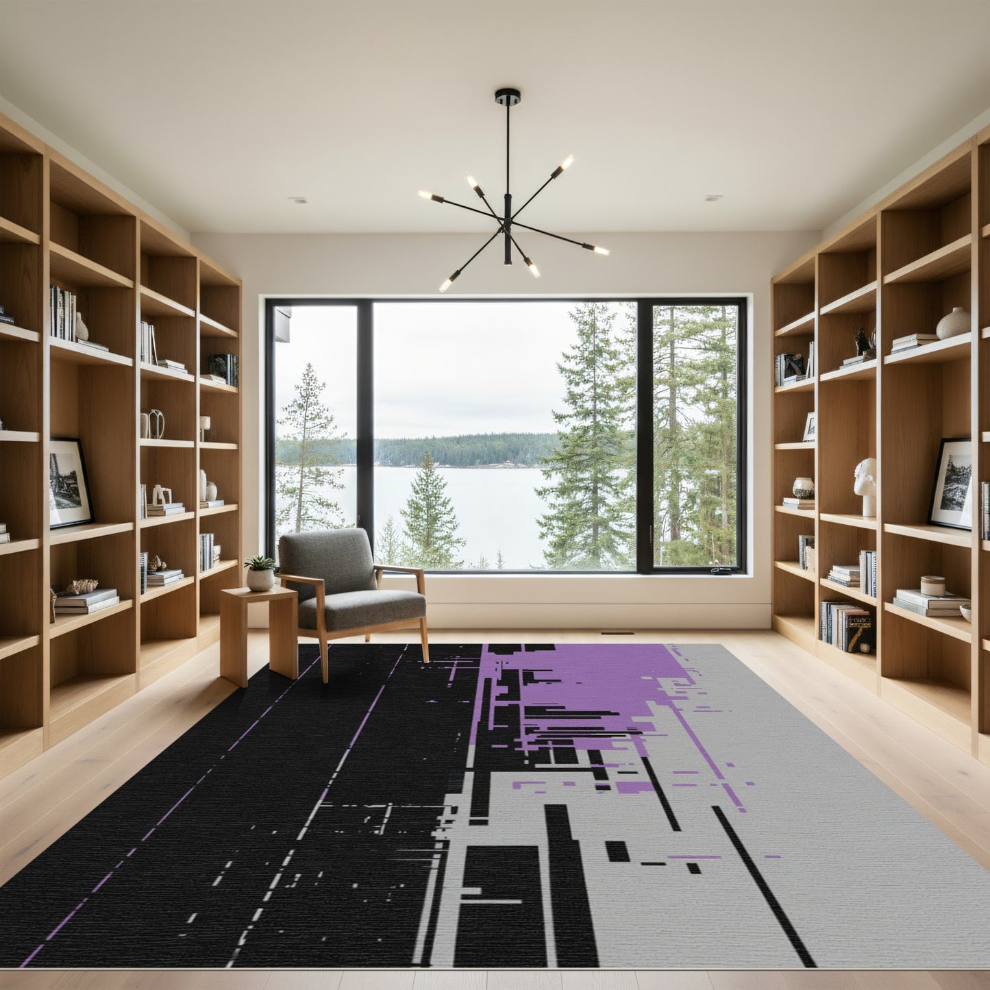 Minimalist black purple geometric fragmentation Rug