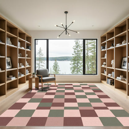 Terracotta Sage Pink Checkerboard Squares Rug