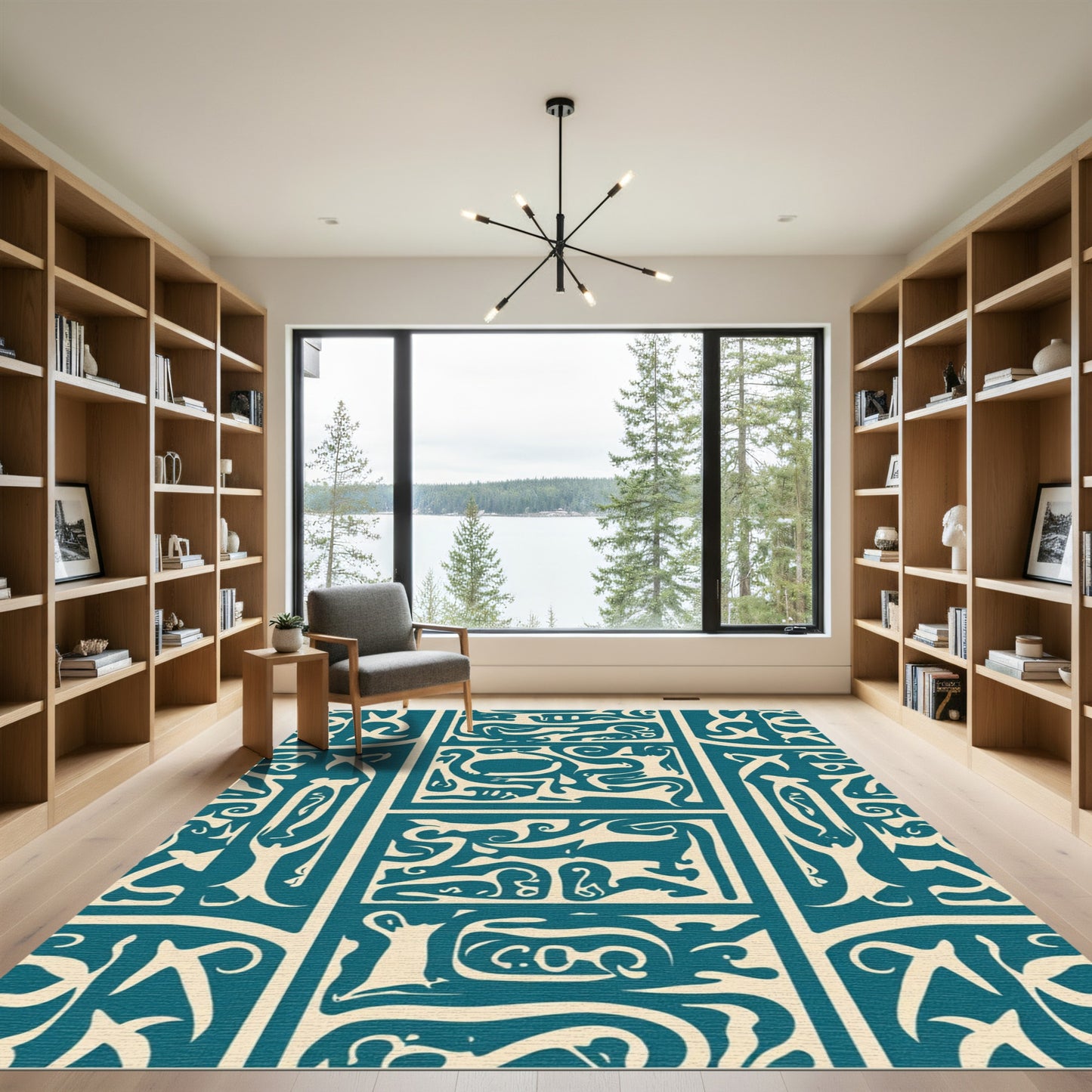 Teal Cream Abstract Pictorial Panels Rug