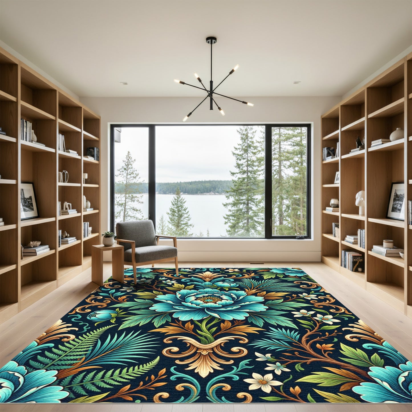 Bold Teal Floral Acanthus Scroll Rug