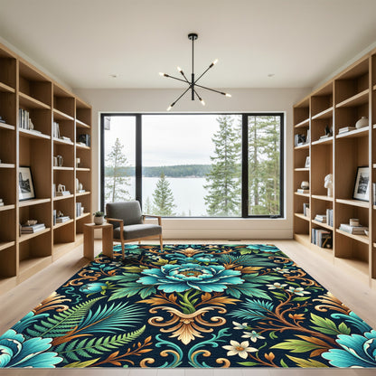 Bold Teal Floral Acanthus Scroll Rug
