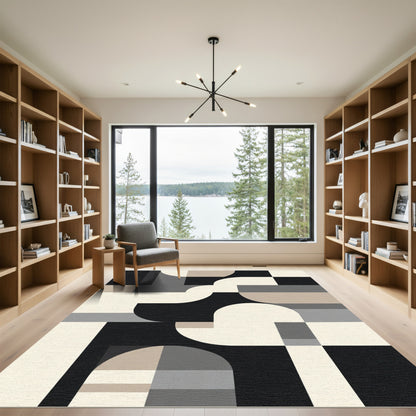 Modern Black Cream Geometric Arc Rug