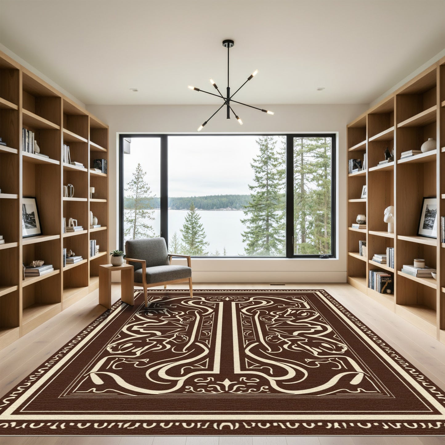 Rich Brown Ivory Ornamental Symmetry Rug