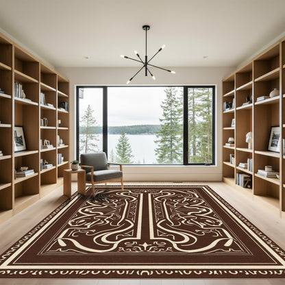Rich Brown Ivory Ornamental Symmetry Rug