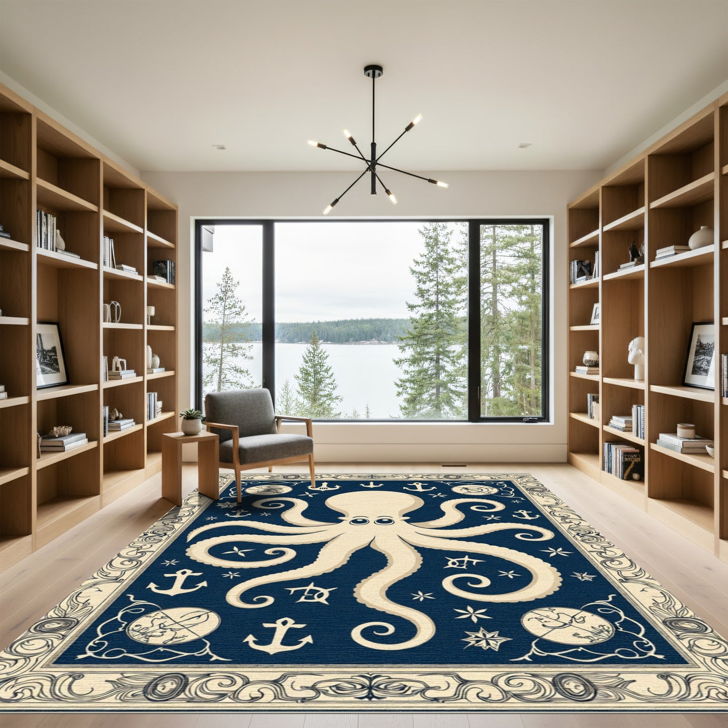 Nautical Cream Octopus Anchors Compass Rug