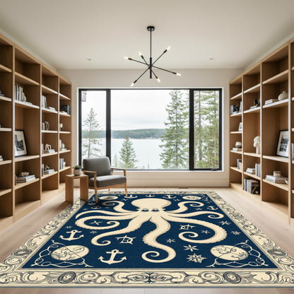 Nautical Cream Octopus Anchors Compass Rug