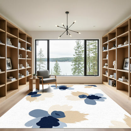 Earthy Beige Blue Abstracted Floral Rug