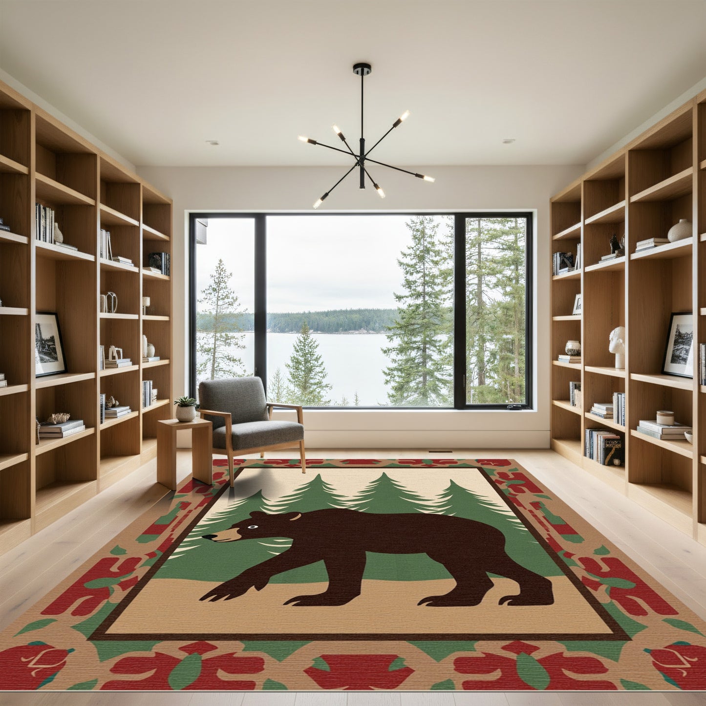 Forest Bear Pine Trees Geometric Border Rug