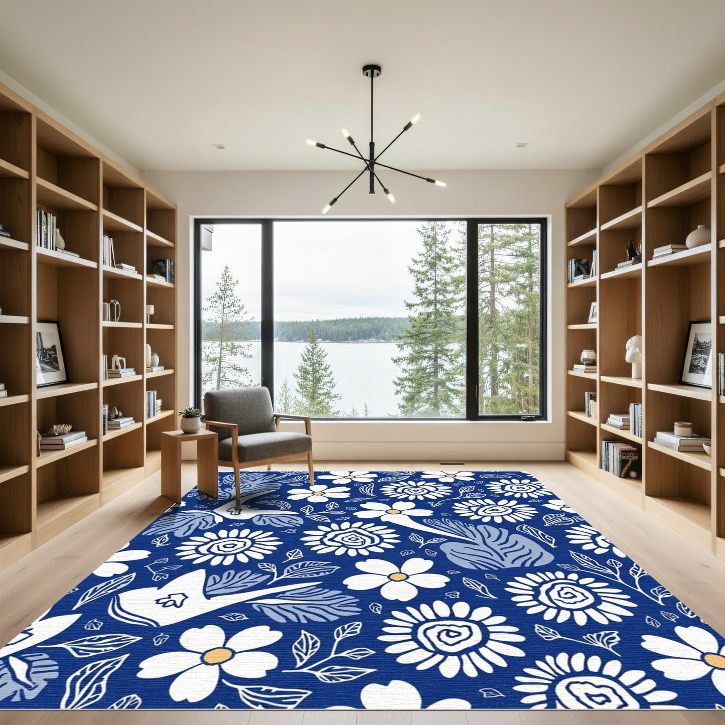 Chic Floral Bird Blue Whimsical Rug