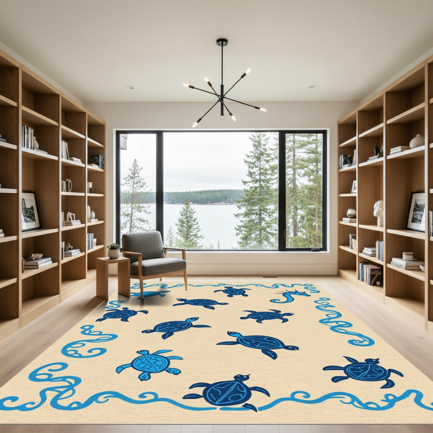 Blue Ocean Turtle Wave Border Rug