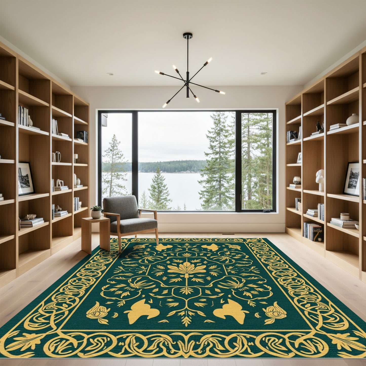 Emerald Gold Botanical Birds Border Rug