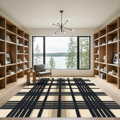 Dark Blue Beige Plaid Tartan Rug