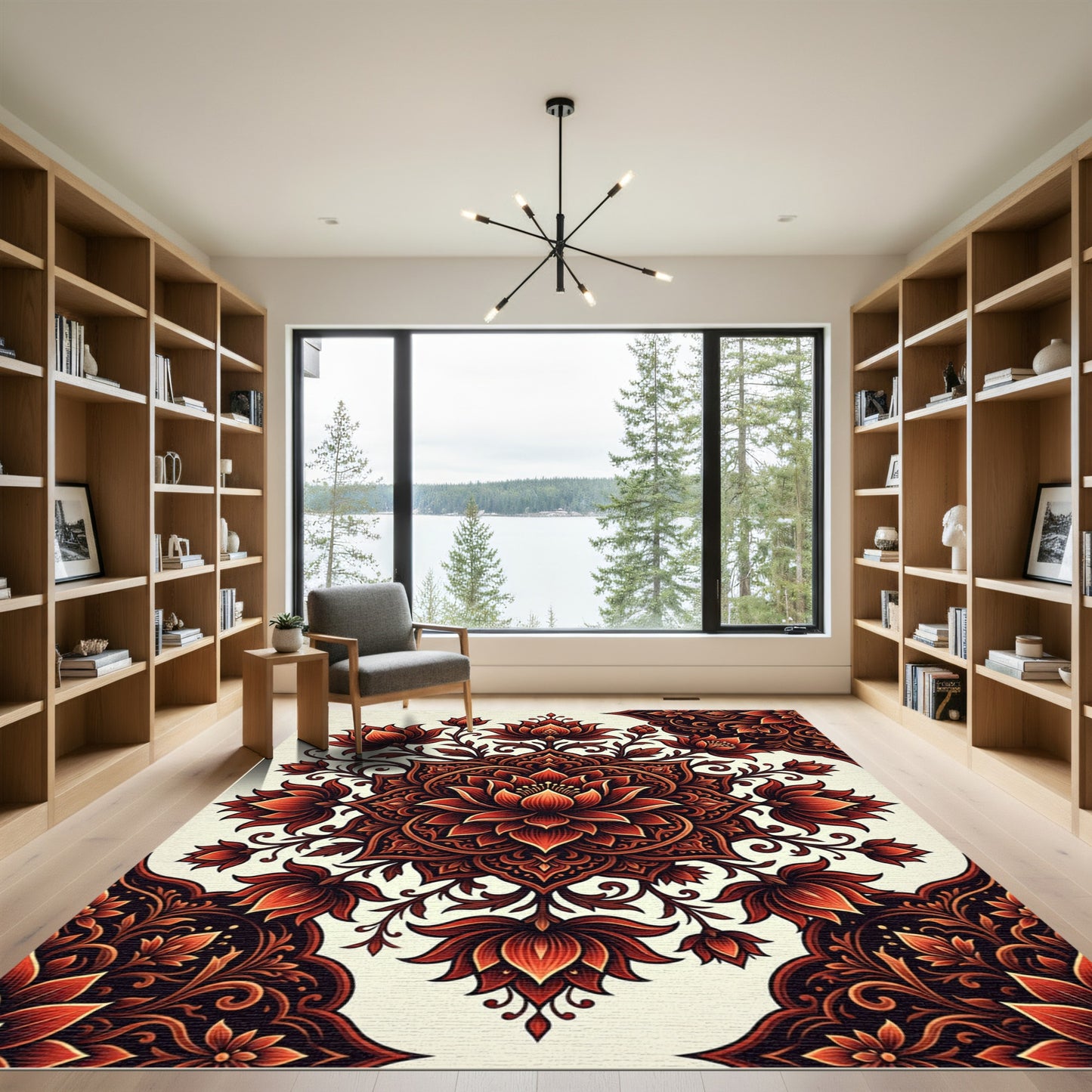 Fiery Red Lotus Mandala Rug