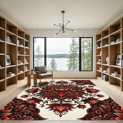 Fiery Red Lotus Mandala Rug