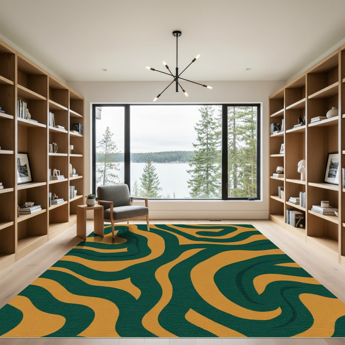 Gold Emerald Swirl Abstract Rug