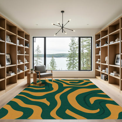 Gold Emerald Swirl Abstract Rug