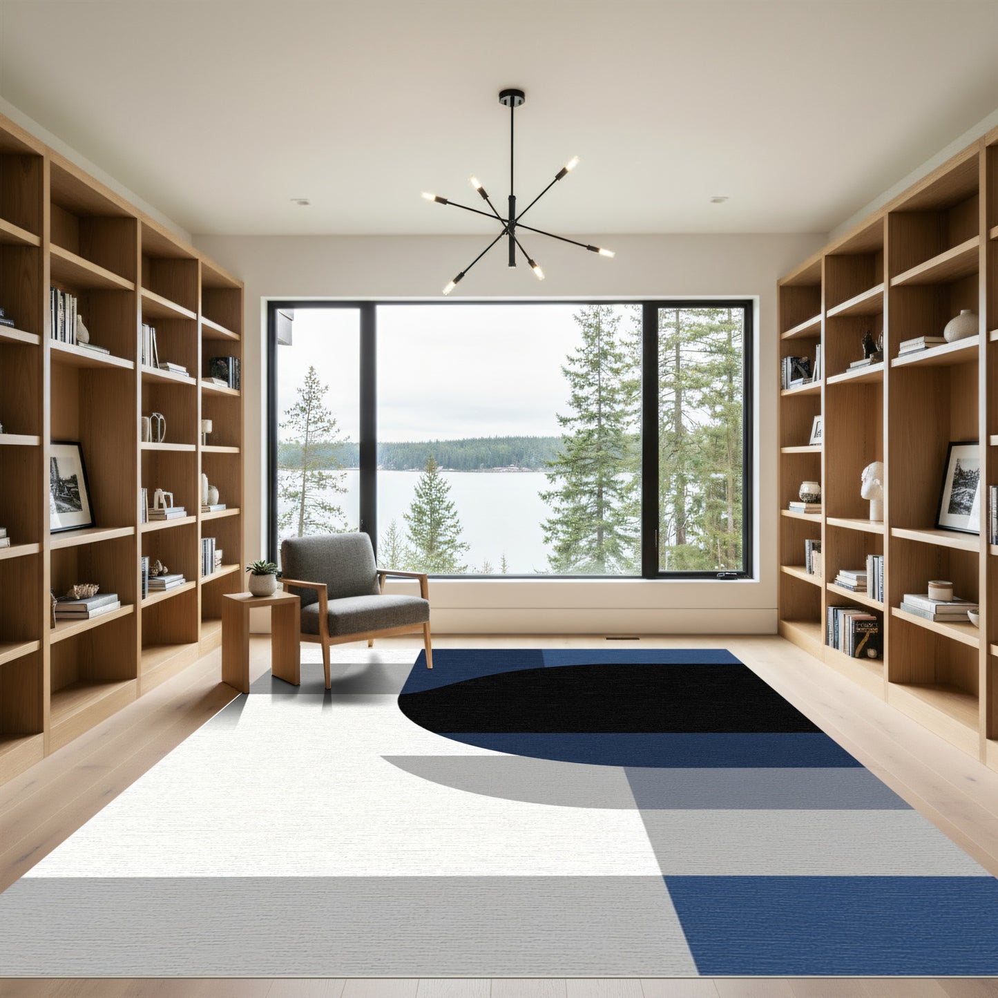 Modern Blue Grayscale Geometric Arc Rug