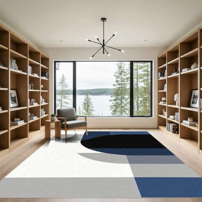 Modern Blue Grayscale Geometric Arc Rug